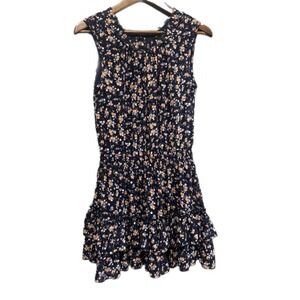 i joah Floral Mini Dress Womens Medium Navy Blue Excellent Smocked Ruffle D6A546